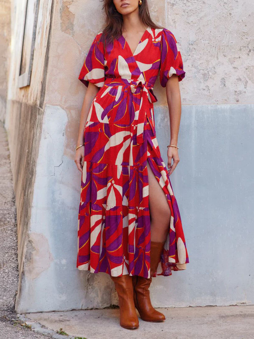 V-Ausschnitt Maxikleid mit Puffärmeln und Schlitz im Print-Design