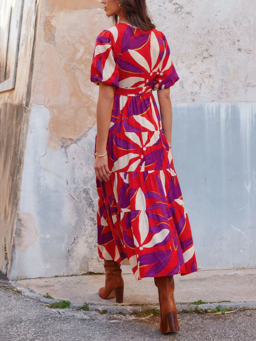 V-Ausschnitt Maxikleid mit Puffärmeln und Schlitz im Print-Design