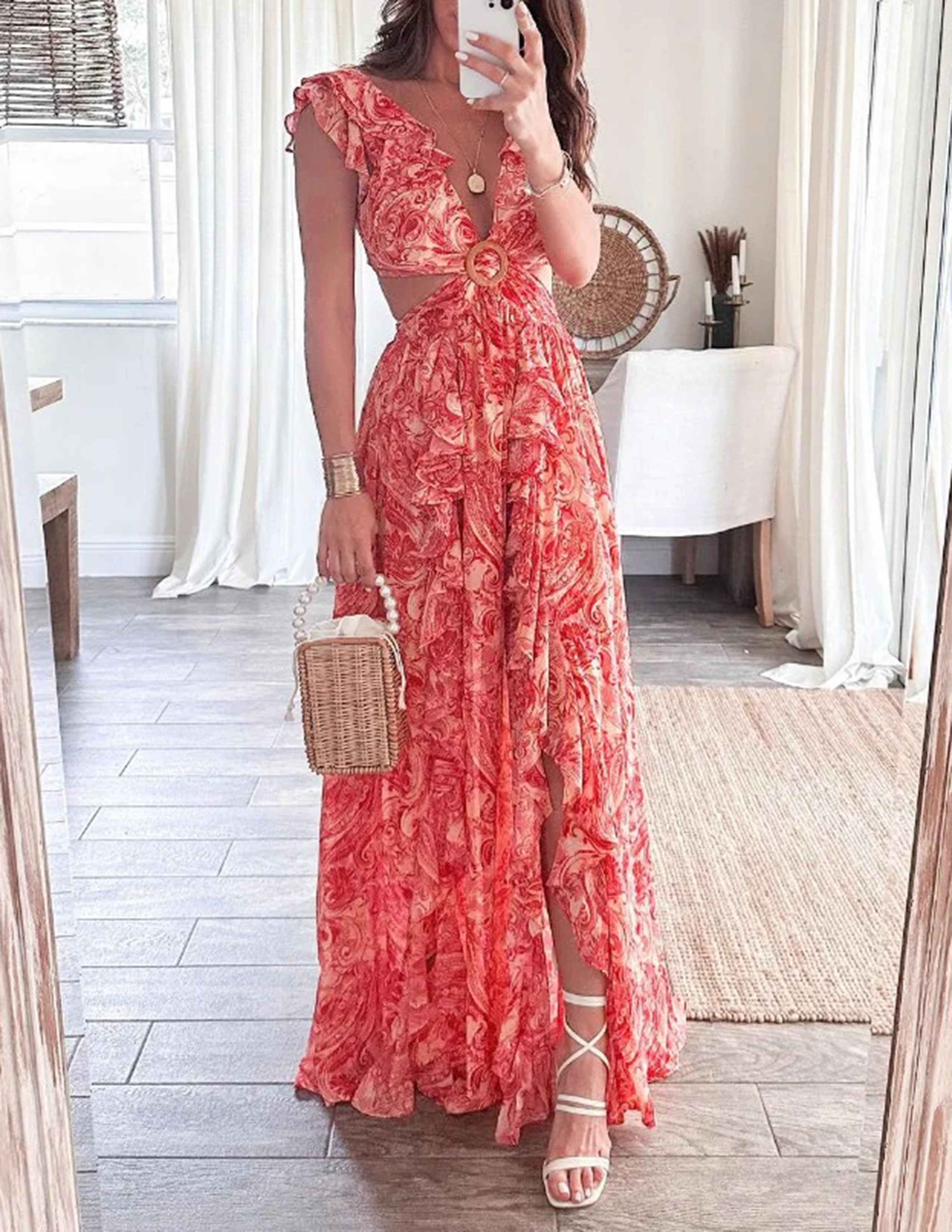 Kleid mit Schmetterlingsärmeln, Print, Rüschen und Schlitz