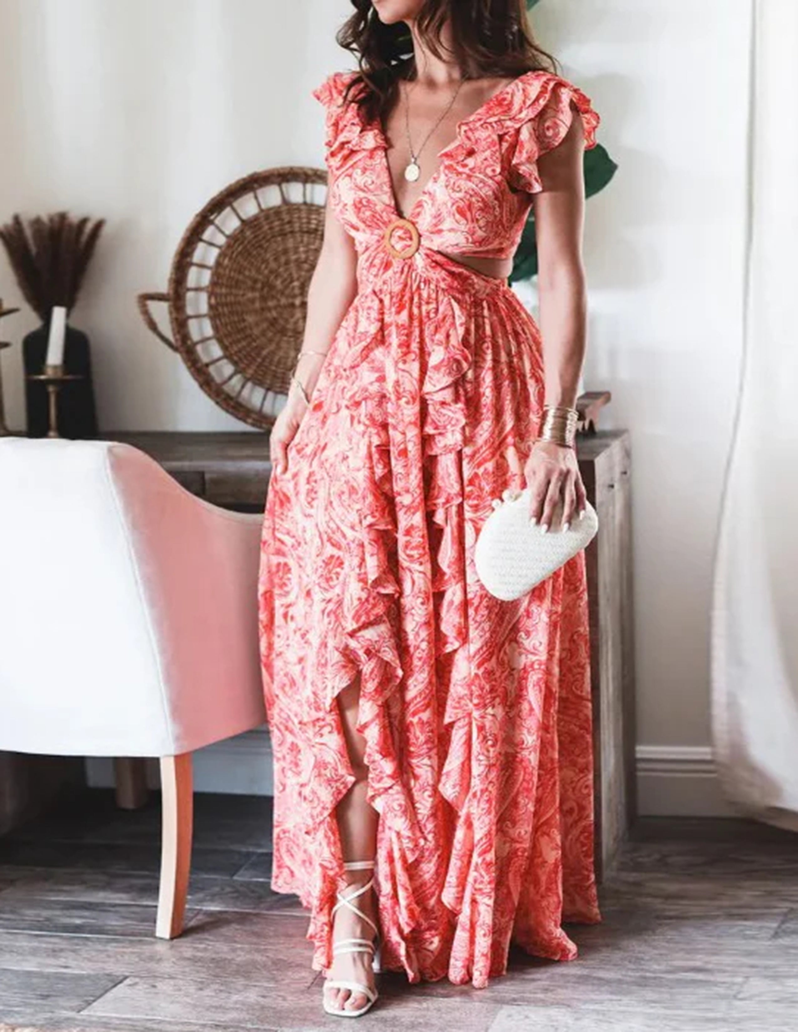 Kleid mit Schmetterlingsärmeln, Print, Rüschen und Schlitz