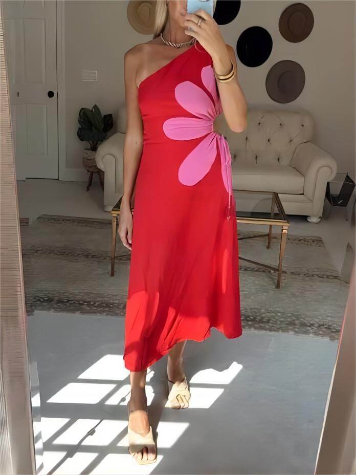 Geblümtes schulterfreies Midikleid mit positioniertem Druck
