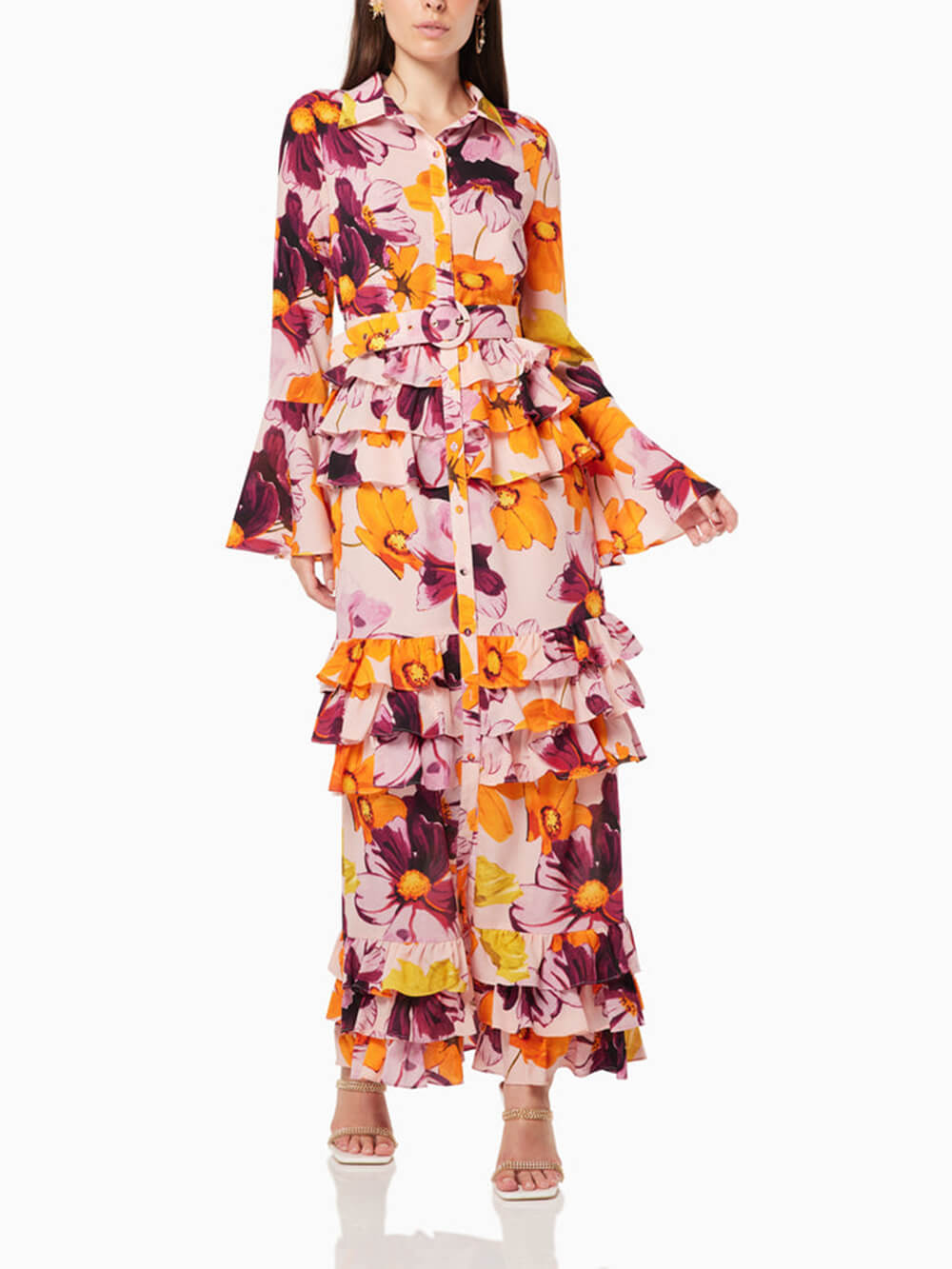 Hemd mit Blumenmuster, gerafftes Maxikleid