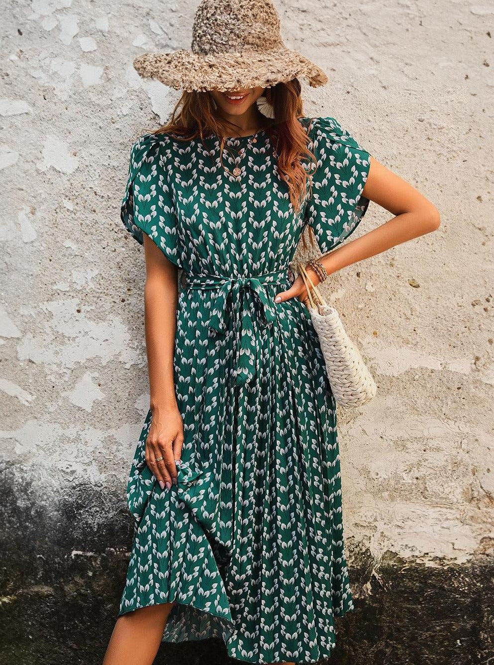 Geblümtes Midi-Kleid Stretch Schärpe Rundhalsausschnitt Kurze Ärmel Bohemian