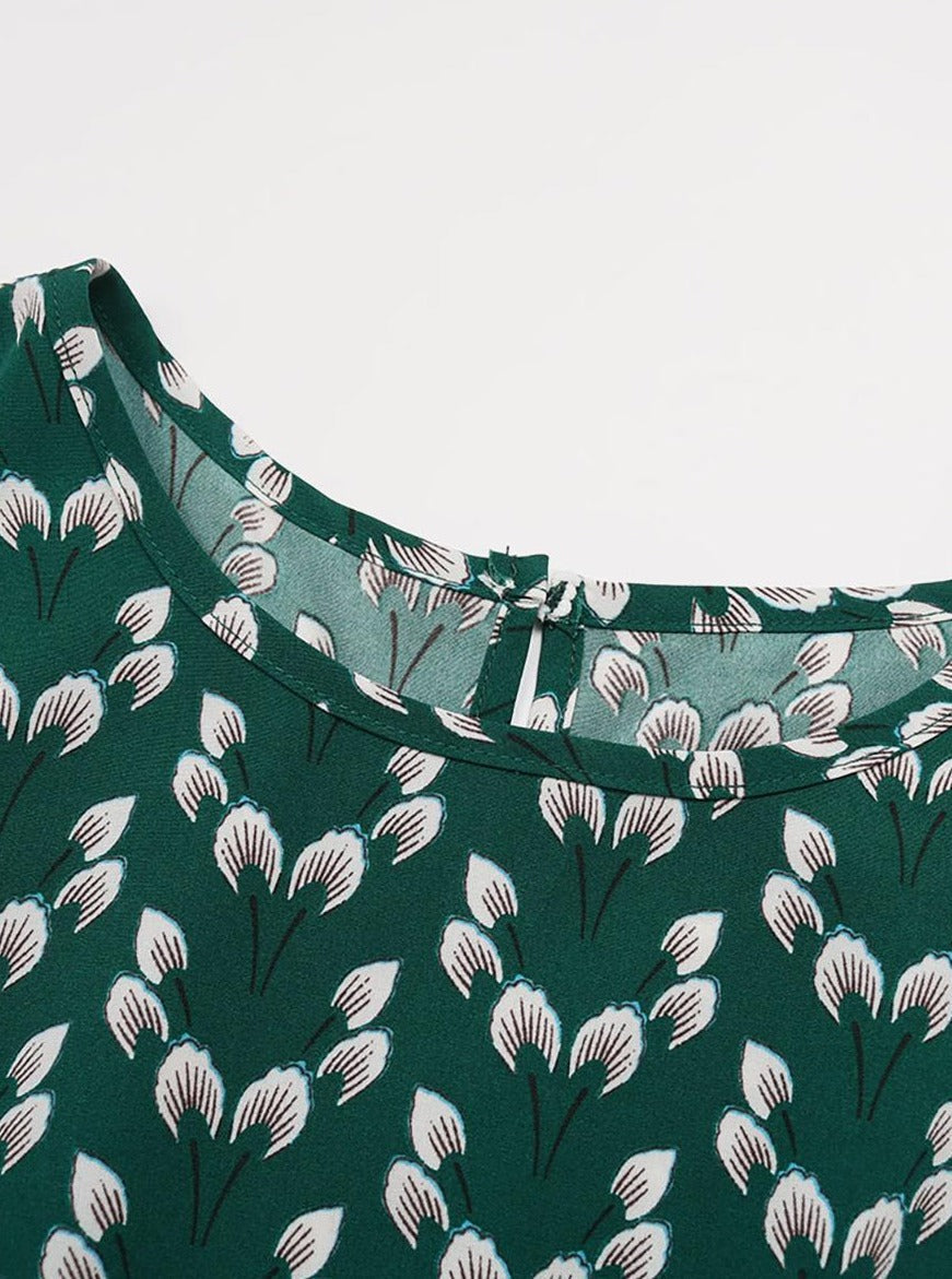 Geblümtes Midi-Kleid Stretch Schärpe Rundhalsausschnitt Kurze Ärmel Bohemian