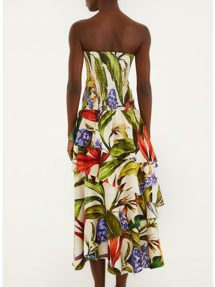 Strapless Tropical Tiered Midi Dress