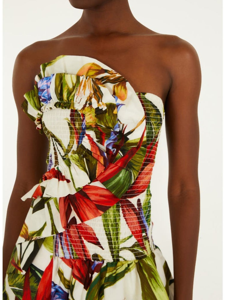Strapless Tropical Tiered Midi Dress