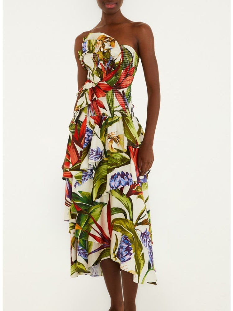 Strapless Tropical Tiered Midi Dress