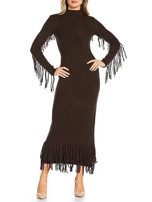Geripptes Strick Maxikleid mit Fransen in Bodycon-Passform