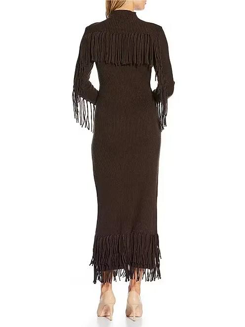 Geripptes Strick Maxikleid mit Fransen in Bodycon-Passform