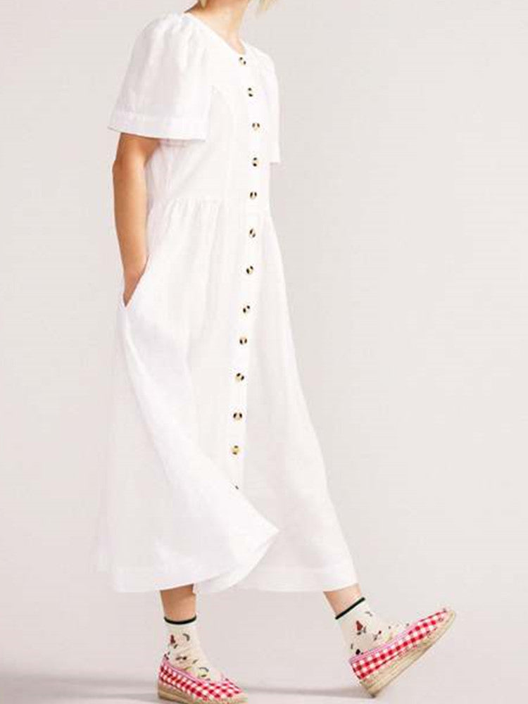 Midi-Leinenkleid mit V-Ausschnitt, durchgehender Knopfleiste und Tasche in Weiß
