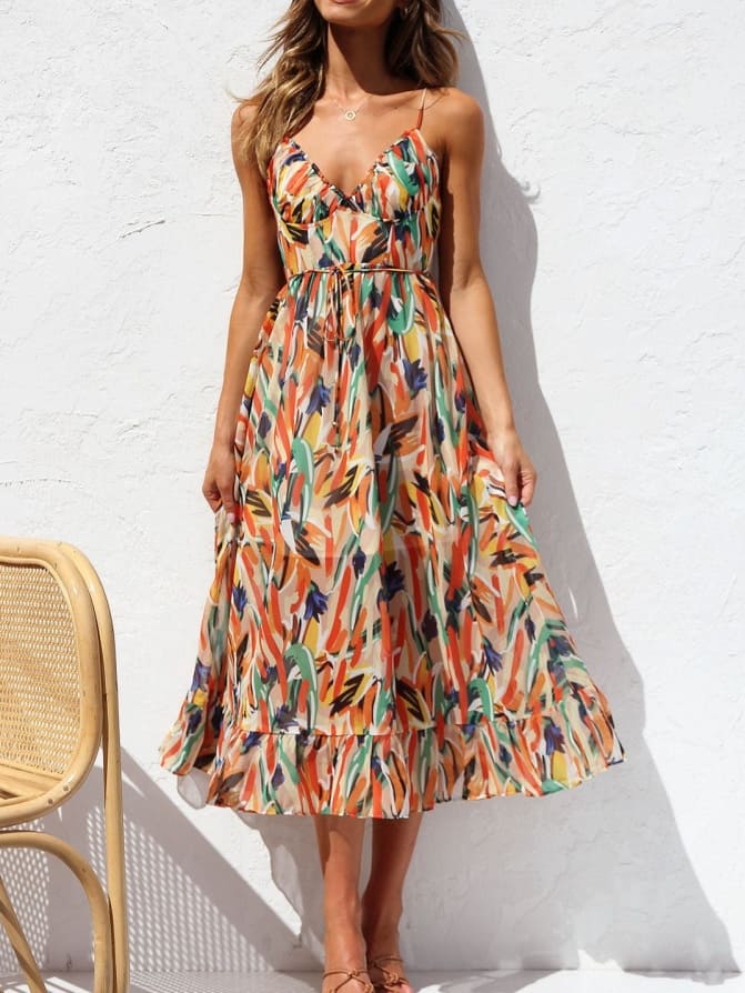 Geblümtes Midikleid mit Rüschensaum und Spaghettiträgern