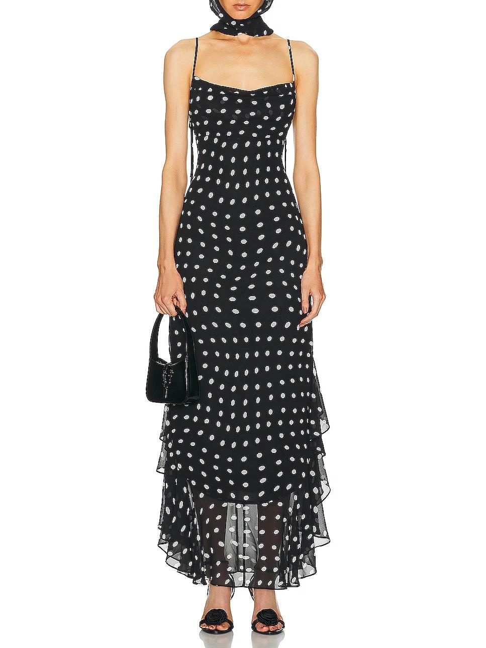 Schwarz-Cremefarbenes Maxikleid mit Polka Dots und Rüschen