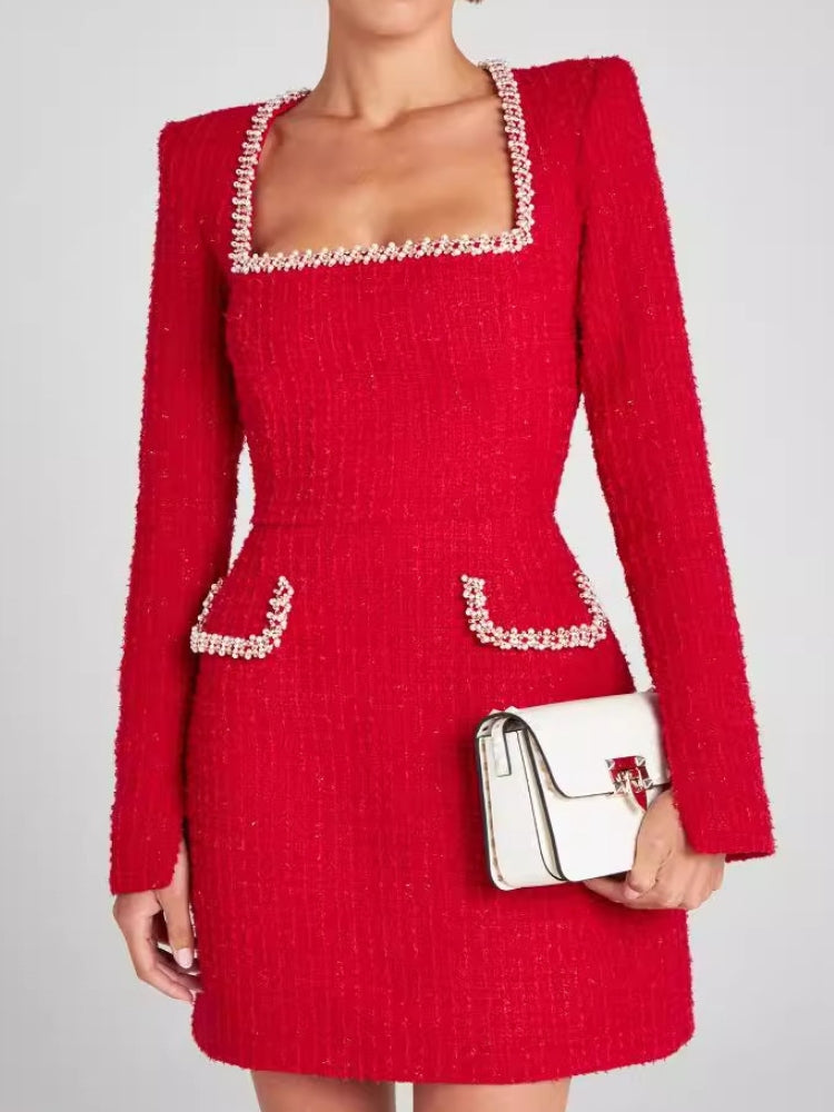 Tweedkleid mit Perlenbesatz