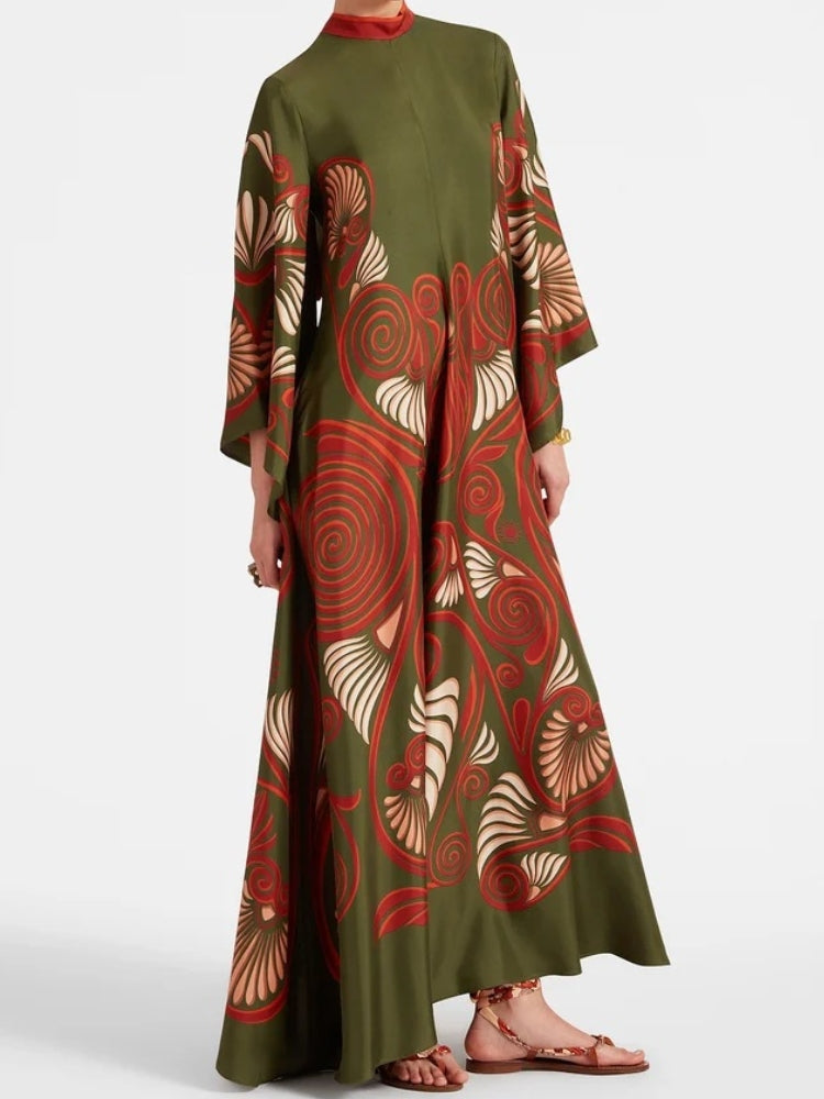 Magnifico Bedrucktes Maxikleid – Dunkelgrün
