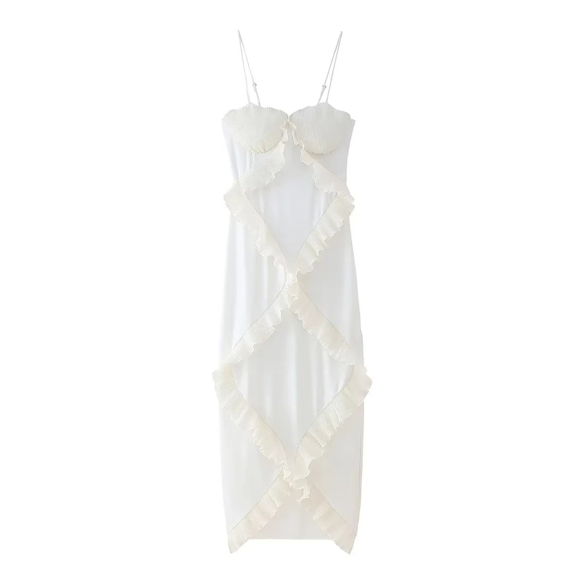 Plissiertes, Rüschen-Maxikleid mit Schlitz