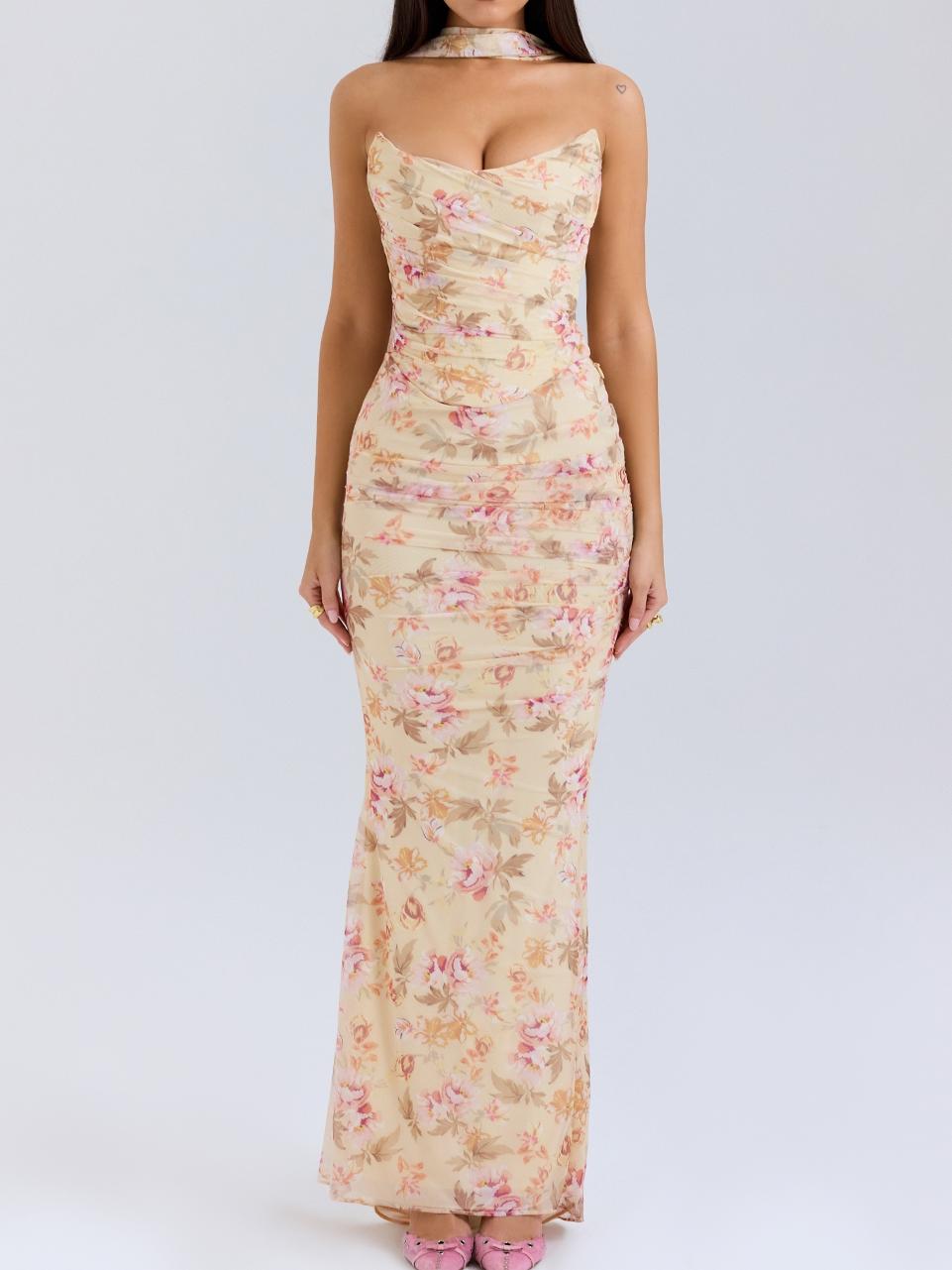 Trägerloses Oberteil und Rock mit hoher Taille und Bindedetail mit Blumenmuster