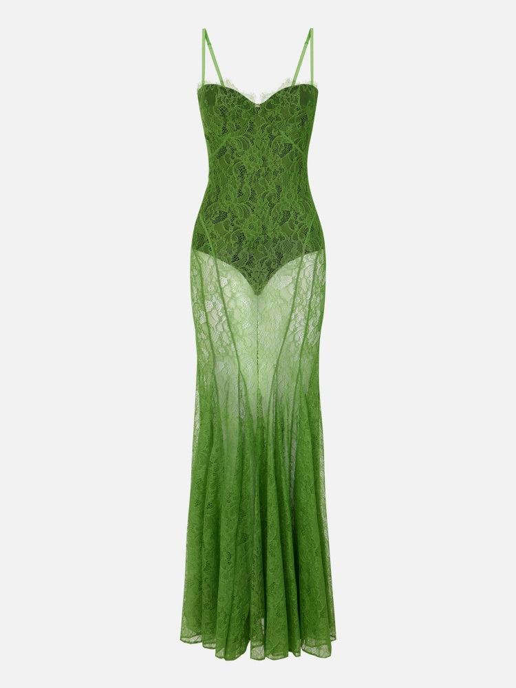 Grünes, durchsichtiges Spitzen-Fischschwanzkleid