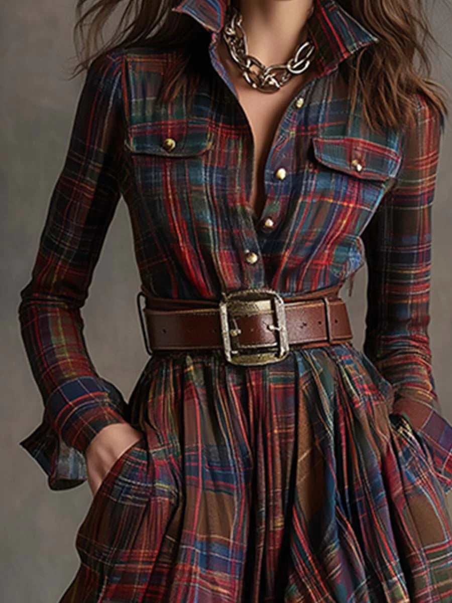Retro Revers rotbraunes Plaid Maxikleid