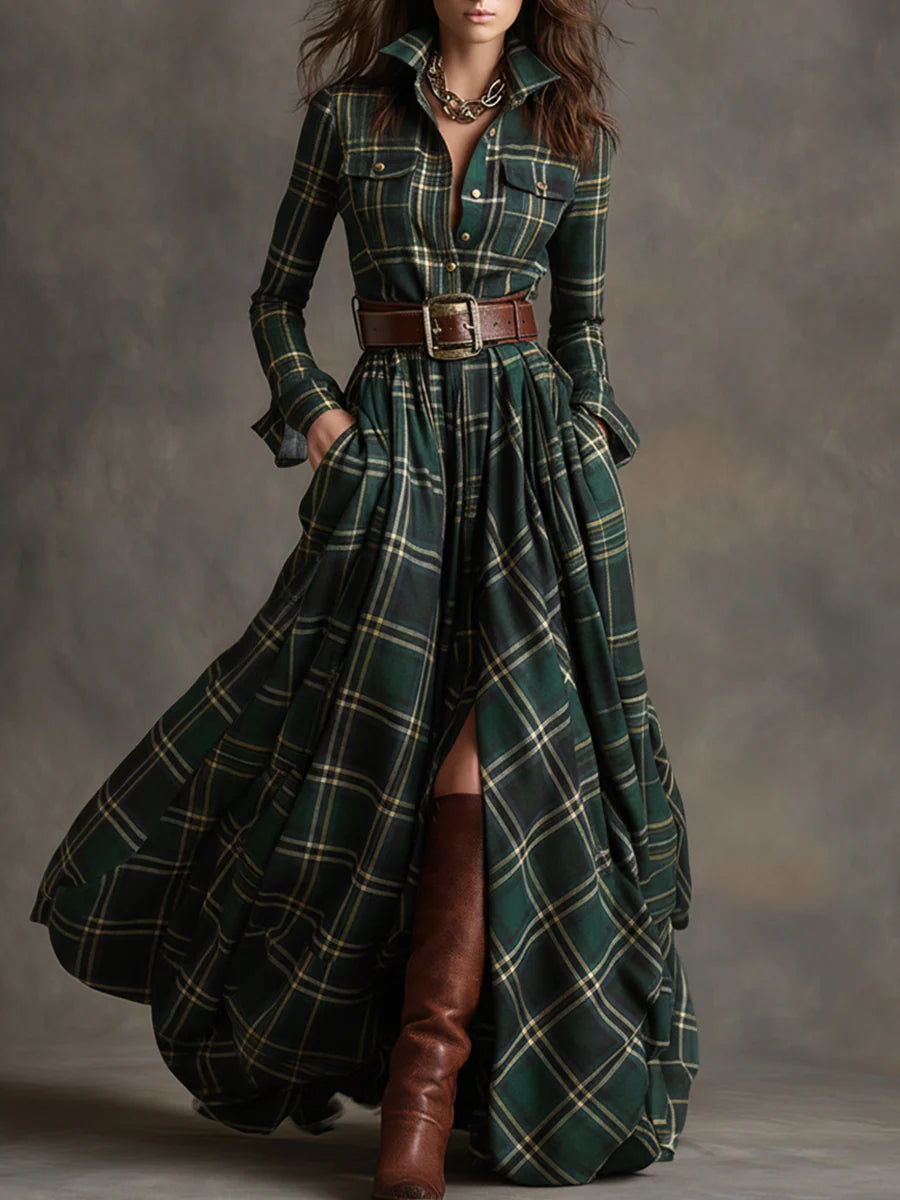 Retro Revers rotbraunes Plaid Maxikleid