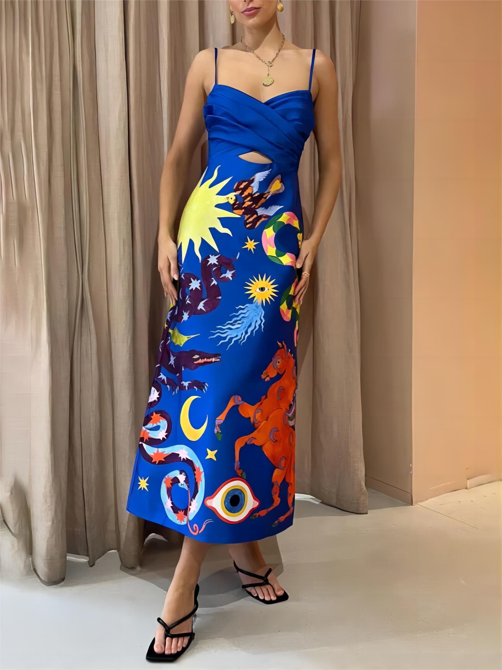 Sommerliches, sexy, rückenfreies, bedrucktes, ärmelloses Midikleid aus Satin