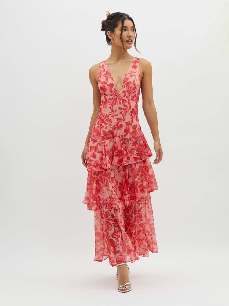 Maxikleid mit Riemchenausschnitt und Rüschen