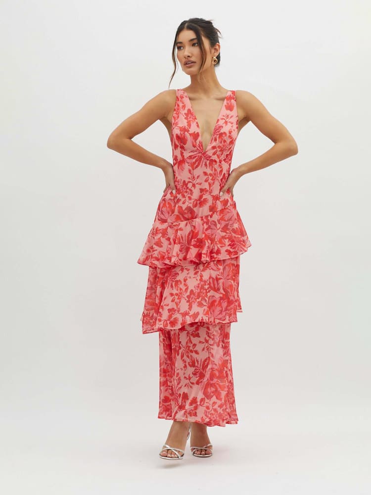 Maxikleid mit Riemchenausschnitt und Rüschen