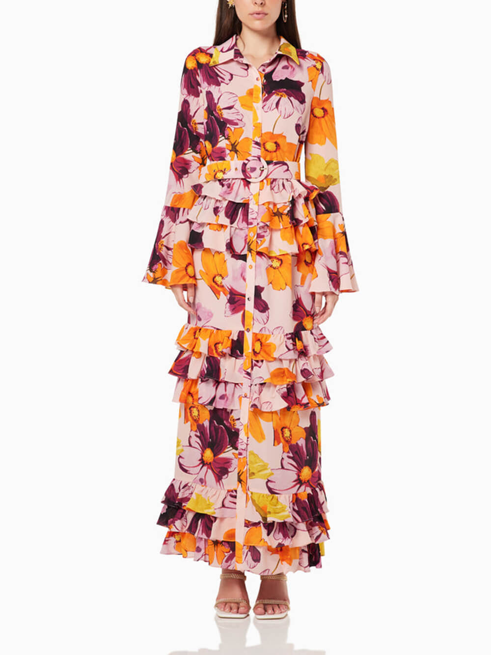 Hemd mit Blumenmuster, gerafftes Maxikleid