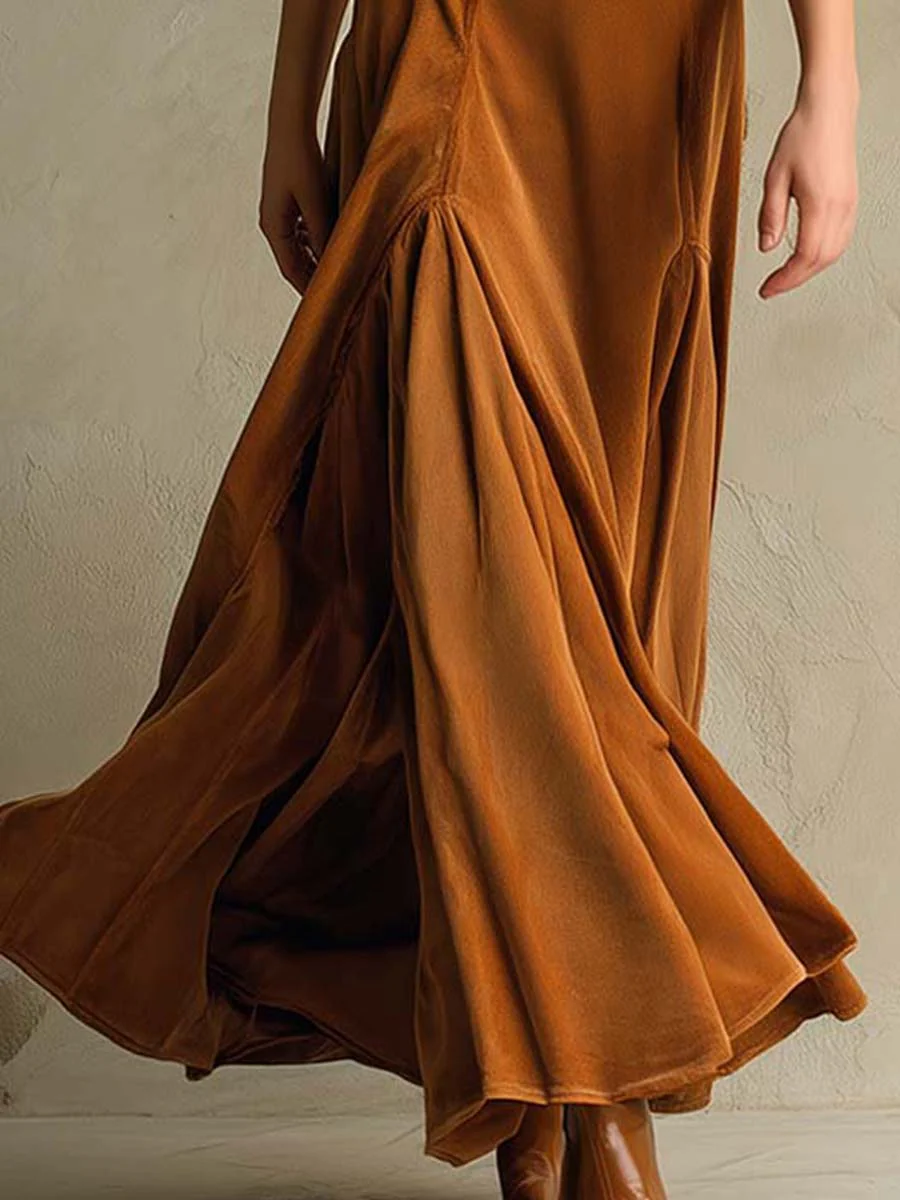 Braunes Elegantes Retro-Kleid mit Anzugkragen und Samtstoff