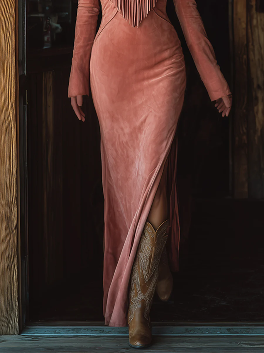Vintage Western Quastenbesticktes rosa Wildlederimitat Maxi-Kleid