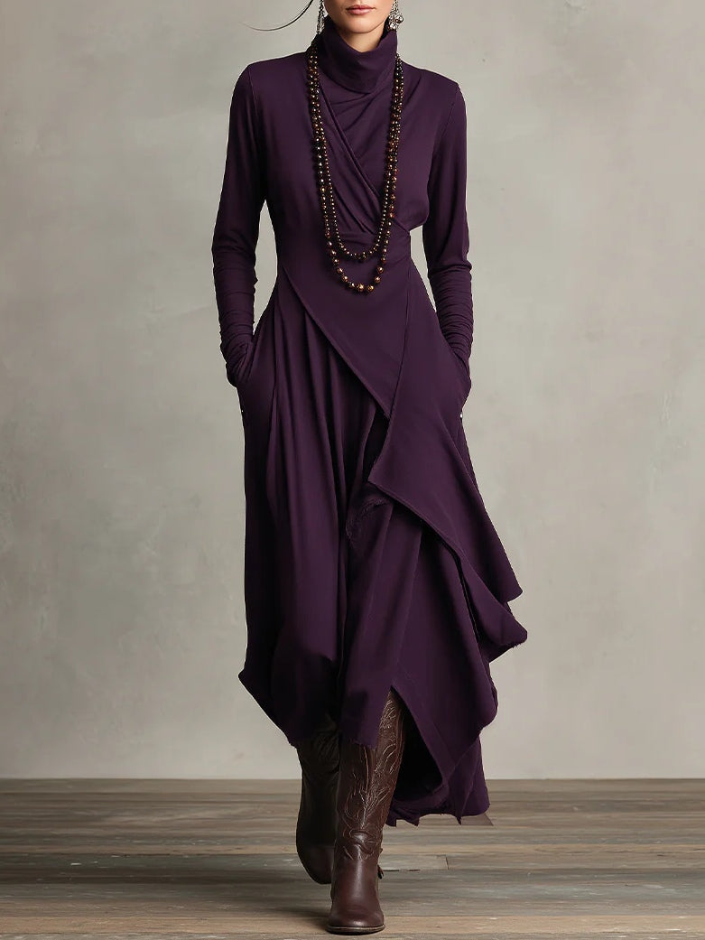 Lila hochgeschlossenes, asymmetrisches Plissee-Maxikleid