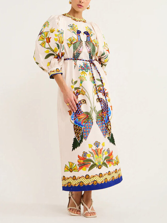 Exquisites und lustiges bedrucktes Midi-Kleid mit Puffärmeln und lockerem Schnitt