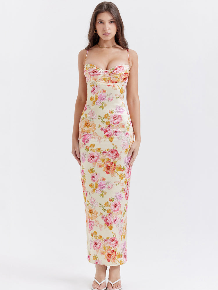Elfenbeinweißes geblümtes Maxikleid