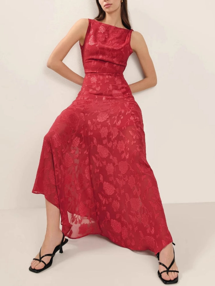 Ärmelloses, rückenfreies Jacquard-Maxikleid mit hoher Taille und Spitze