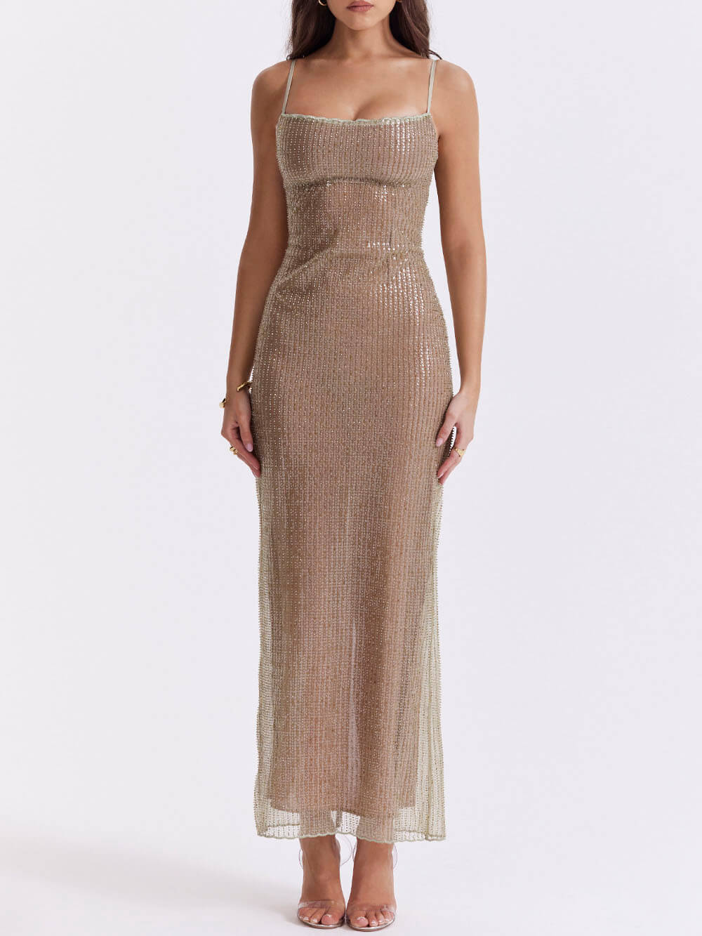 Café au Lait Perlenbesetztes Maxikleid