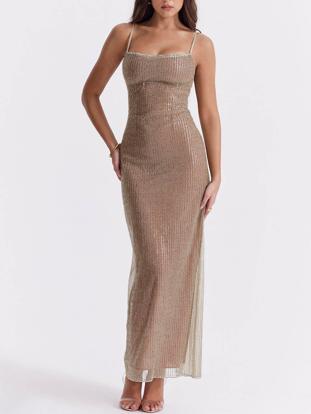 Café au Lait Perlenbesetztes Maxikleid