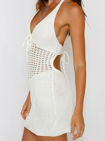Neckholder Häkel Taille Rückenfrei Strick Minikleid