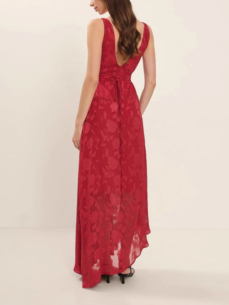 Ärmelloses, rückenfreies Jacquard-Maxikleid mit hoher Taille und Spitze