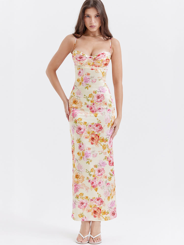 Elfenbeinweißes geblümtes Maxikleid