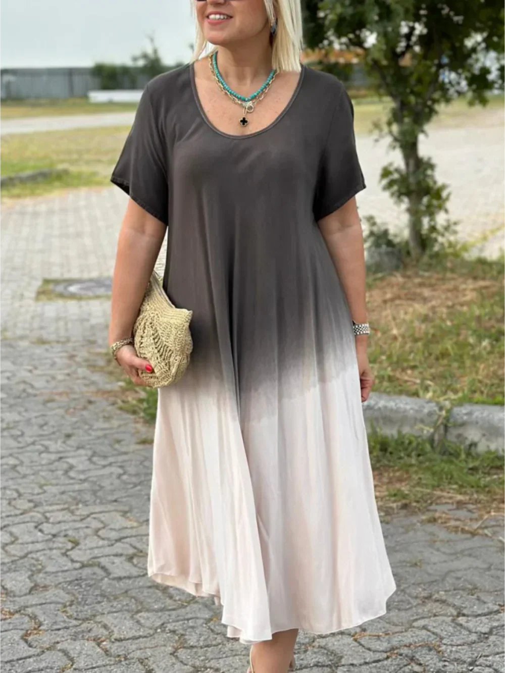 Batik-Farbverlauf-Kleid mit ausgestelltem Rock