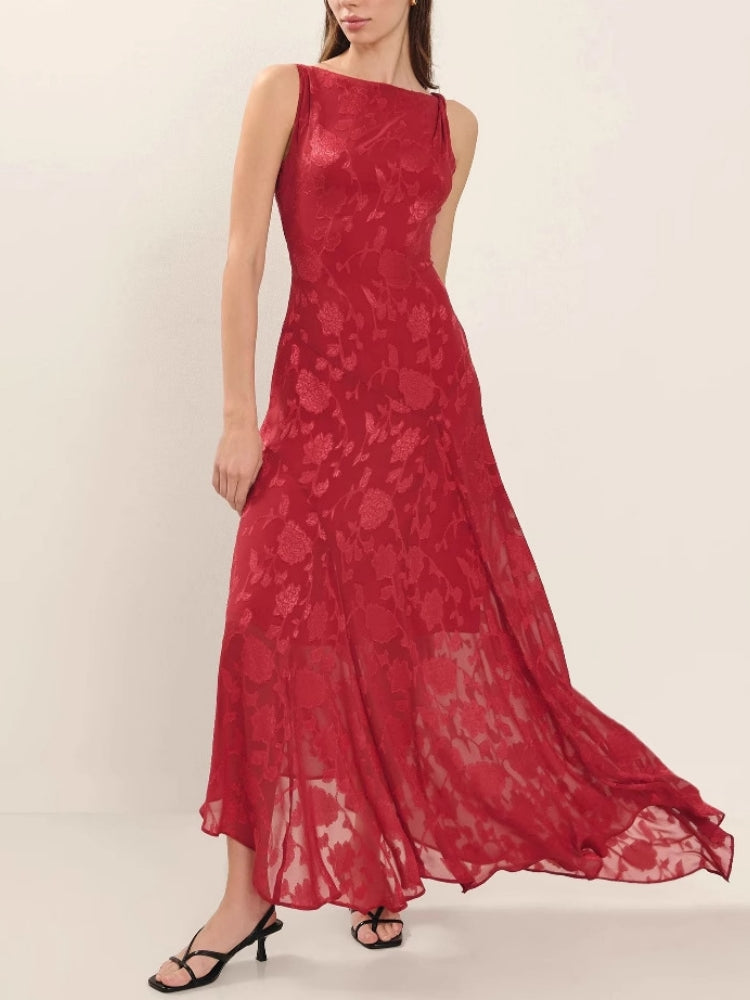 Ärmelloses, rückenfreies Jacquard-Maxikleid mit hoher Taille und Spitze