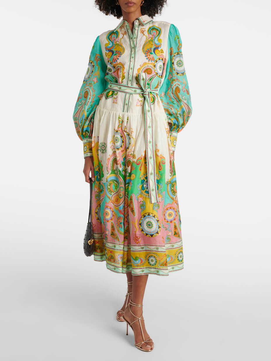 Einzigartiges, exquisites Mode-Print Midikleid mit Puffärmeln zum Binden