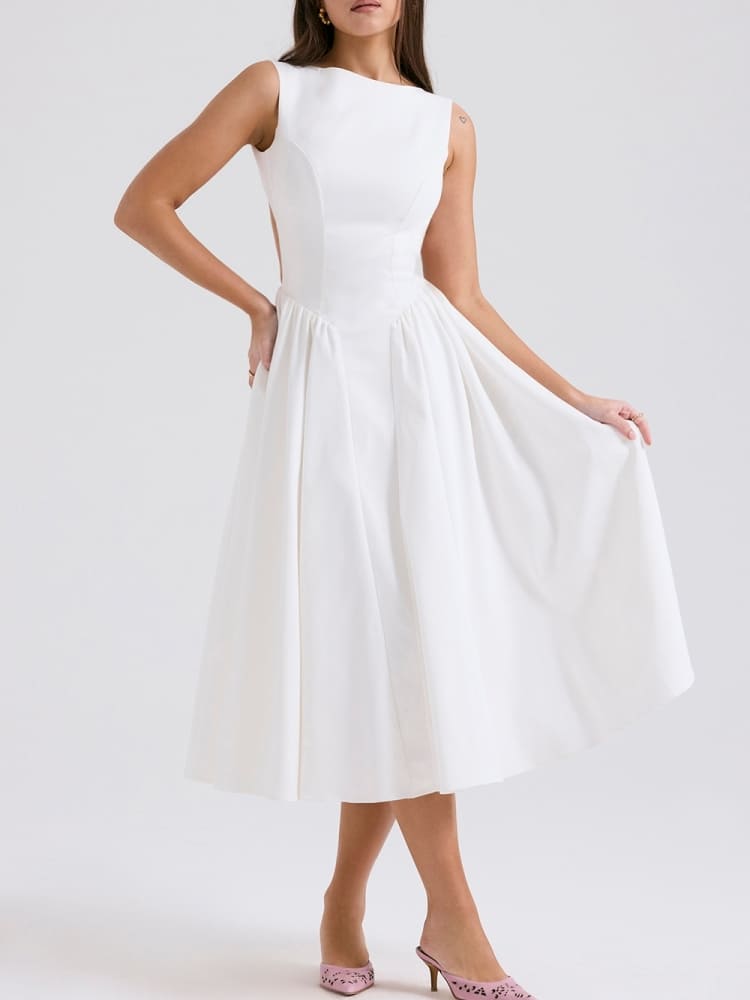 Weißes Twill-Midikleid mit Trägern