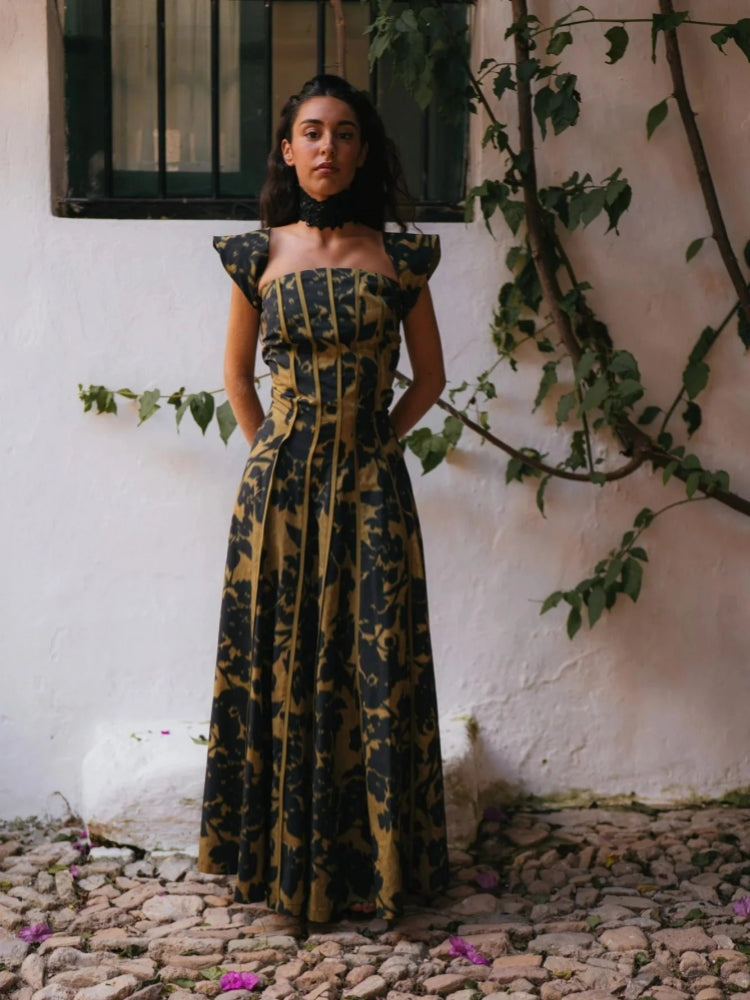Trägerloses Maxikleid mit Vintage-Print