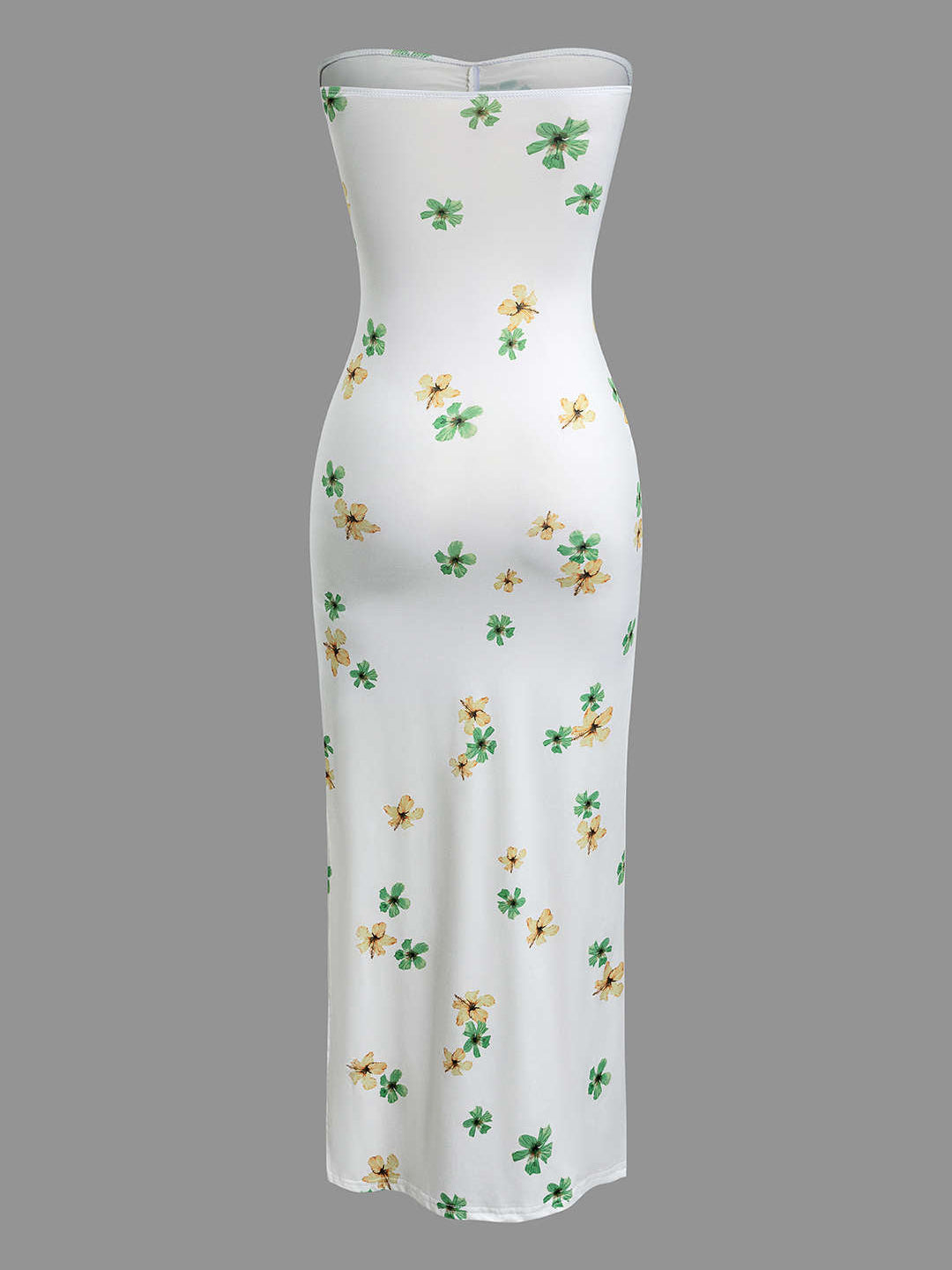 Geblümtes, gerafftes, geschlitztes trägerloses Maxikleid