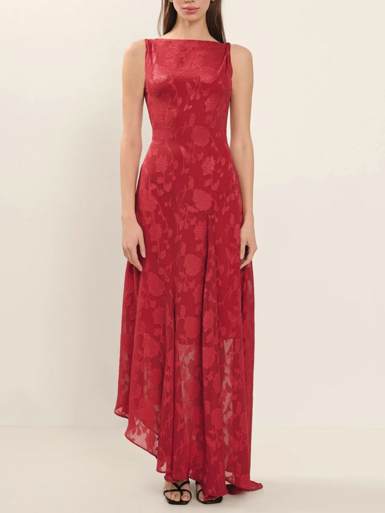 Ärmelloses, rückenfreies Jacquard-Maxikleid mit hoher Taille und Spitze