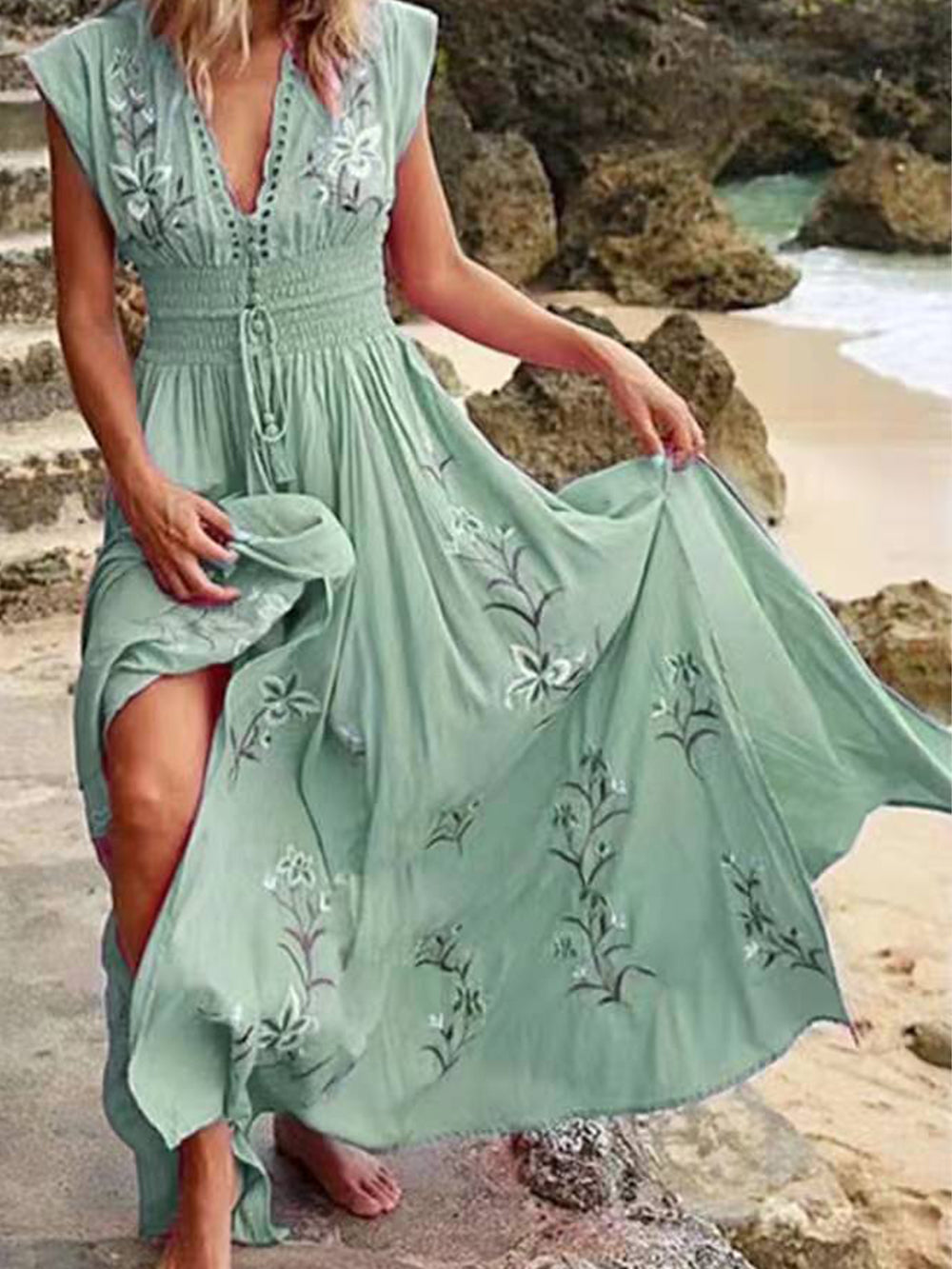 V-Ausschnitt Französisches Boho-Strandkleid mit Print