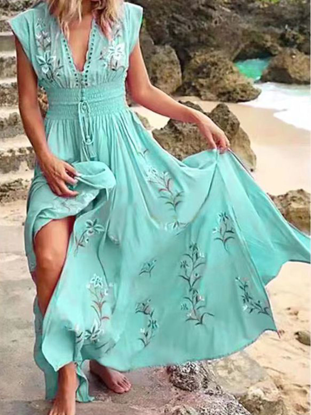 V-Ausschnitt Französisches Boho-Strandkleid mit Print
