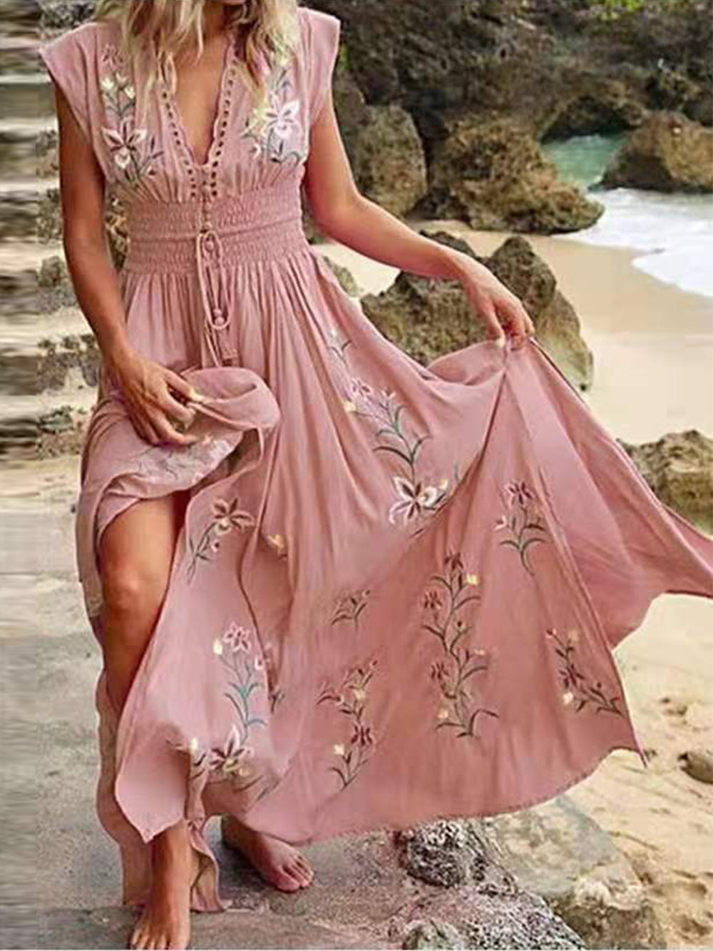 V-Ausschnitt Französisches Boho-Strandkleid mit Print