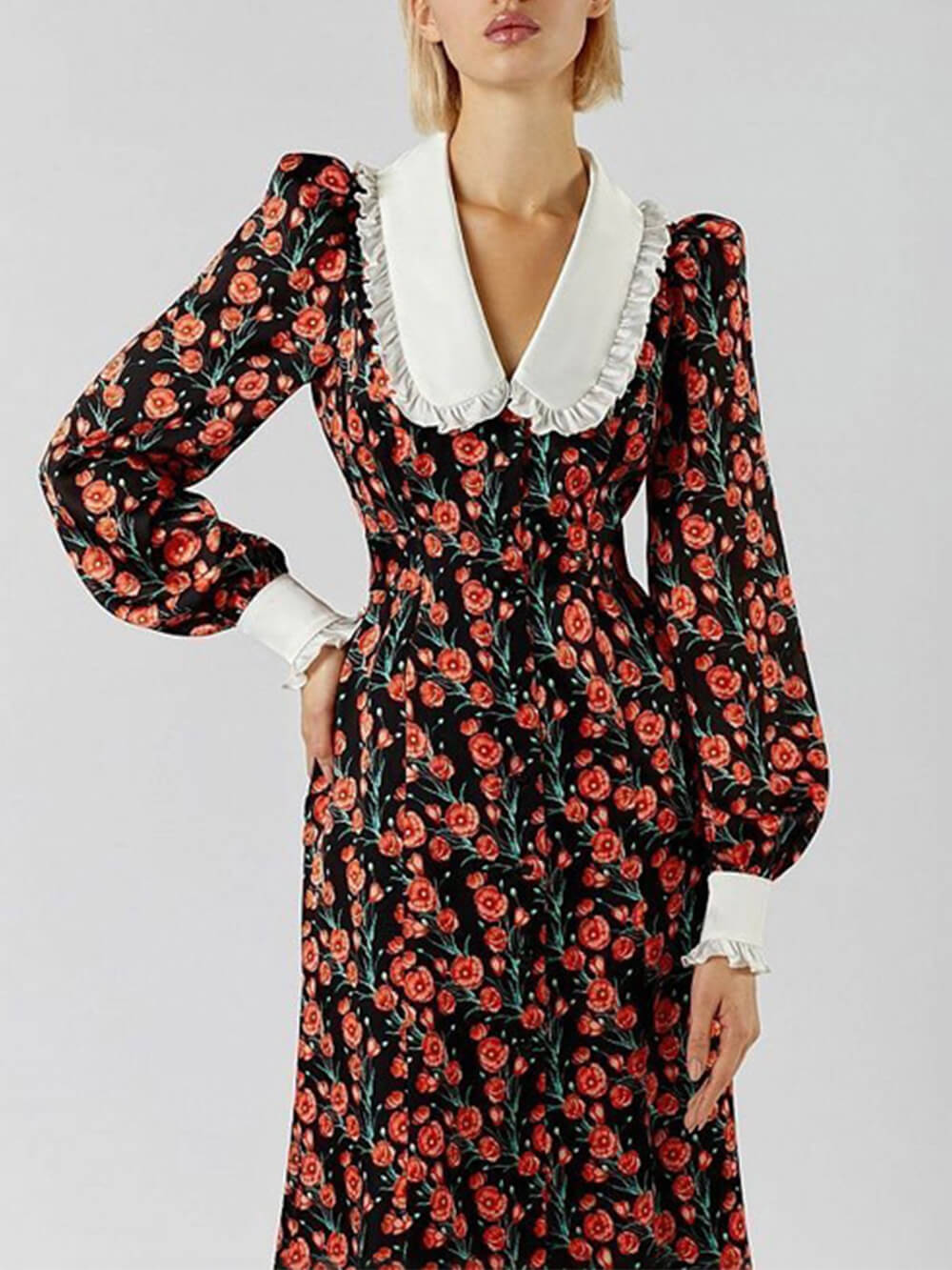 Bedrucktes Midi-Kleid mit Bubikragen