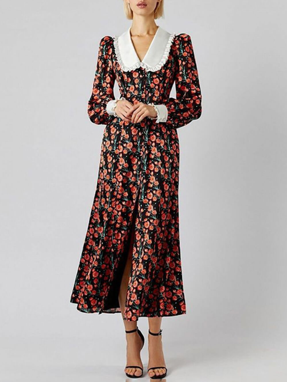 Bedrucktes Midi-Kleid mit Bubikragen